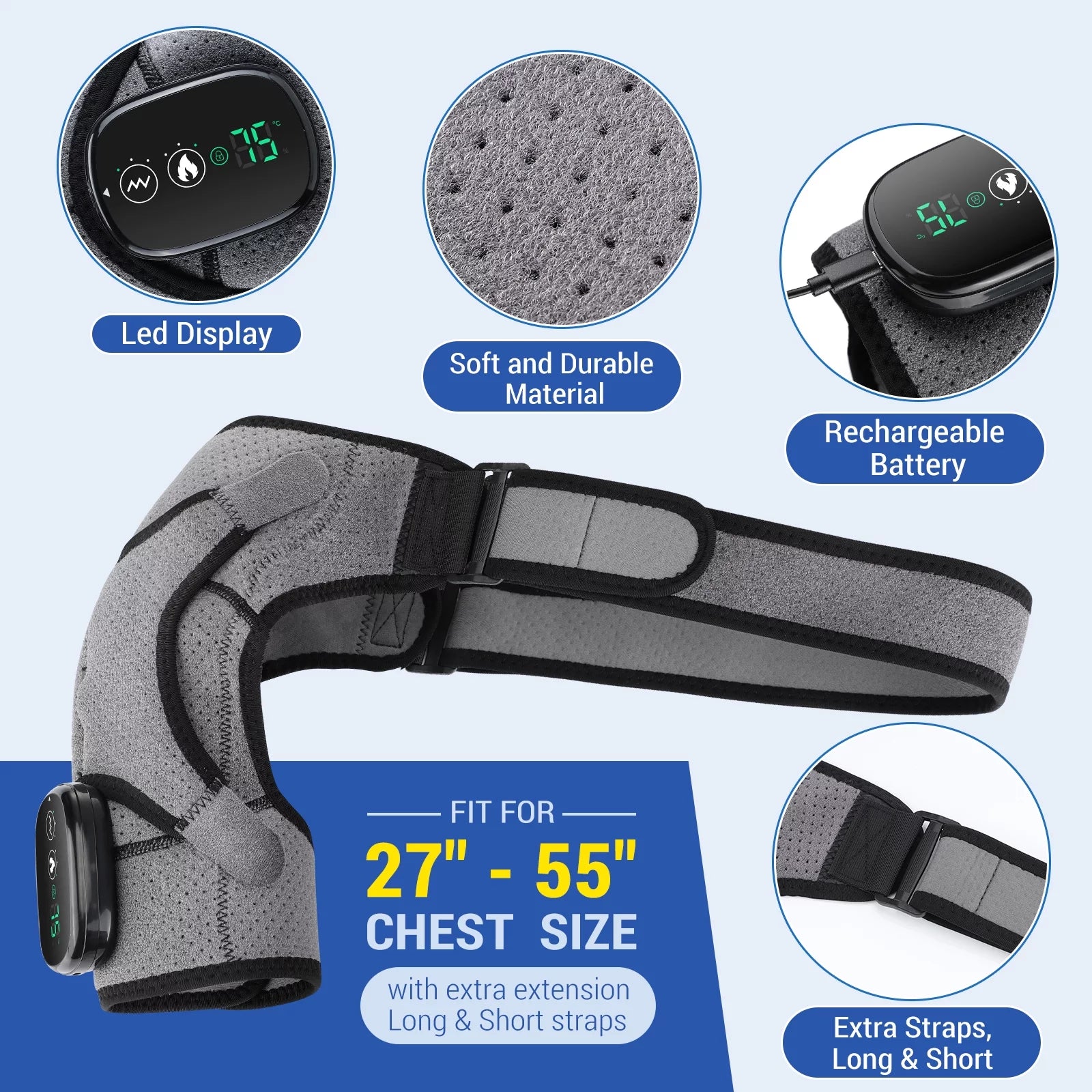 Heated Shoulder Brace, Shoulder Heating Pad with Massage, Electric Cordless Heated Shoulder Wrap with 3 Heating & Vibration Levels, Vibration Heated Shoulder Massager for Men Women Relaxation